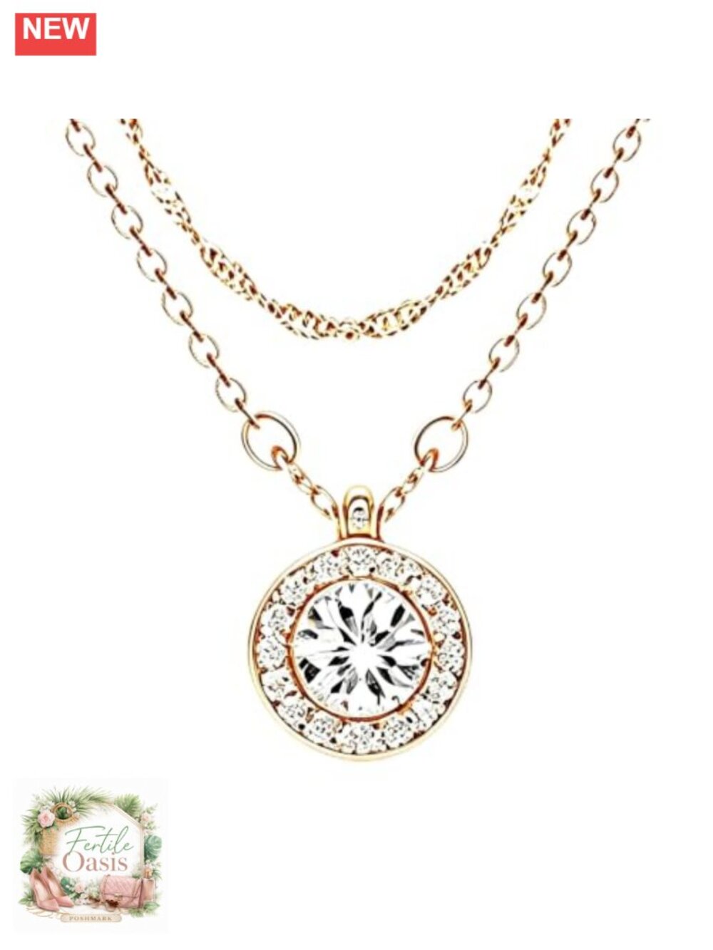 14K Gold Plated Double Chain Necklace Round Star CZ Pendant Dainty Layered